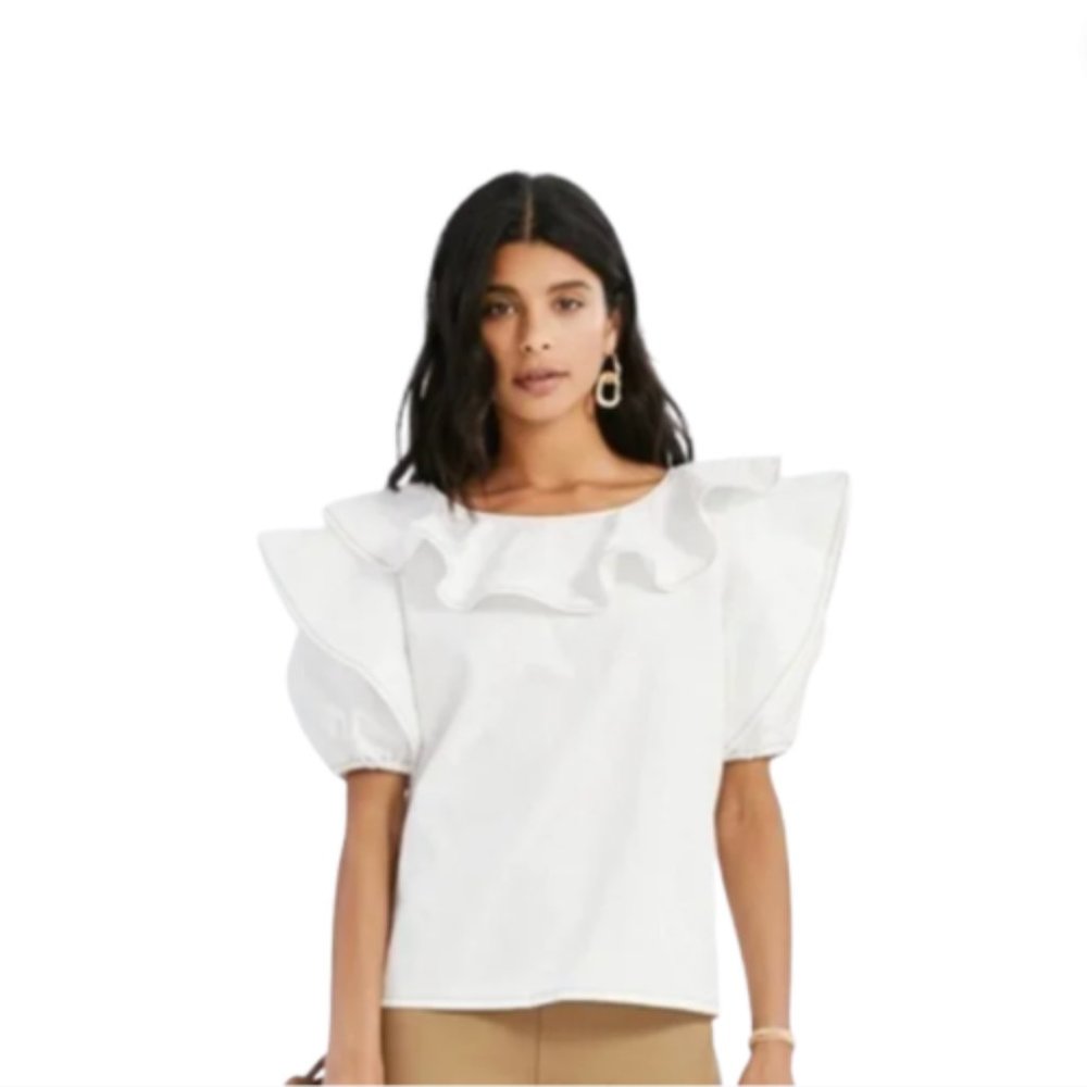 Something Navy Short Sleeve Ruffle Top in Ivory